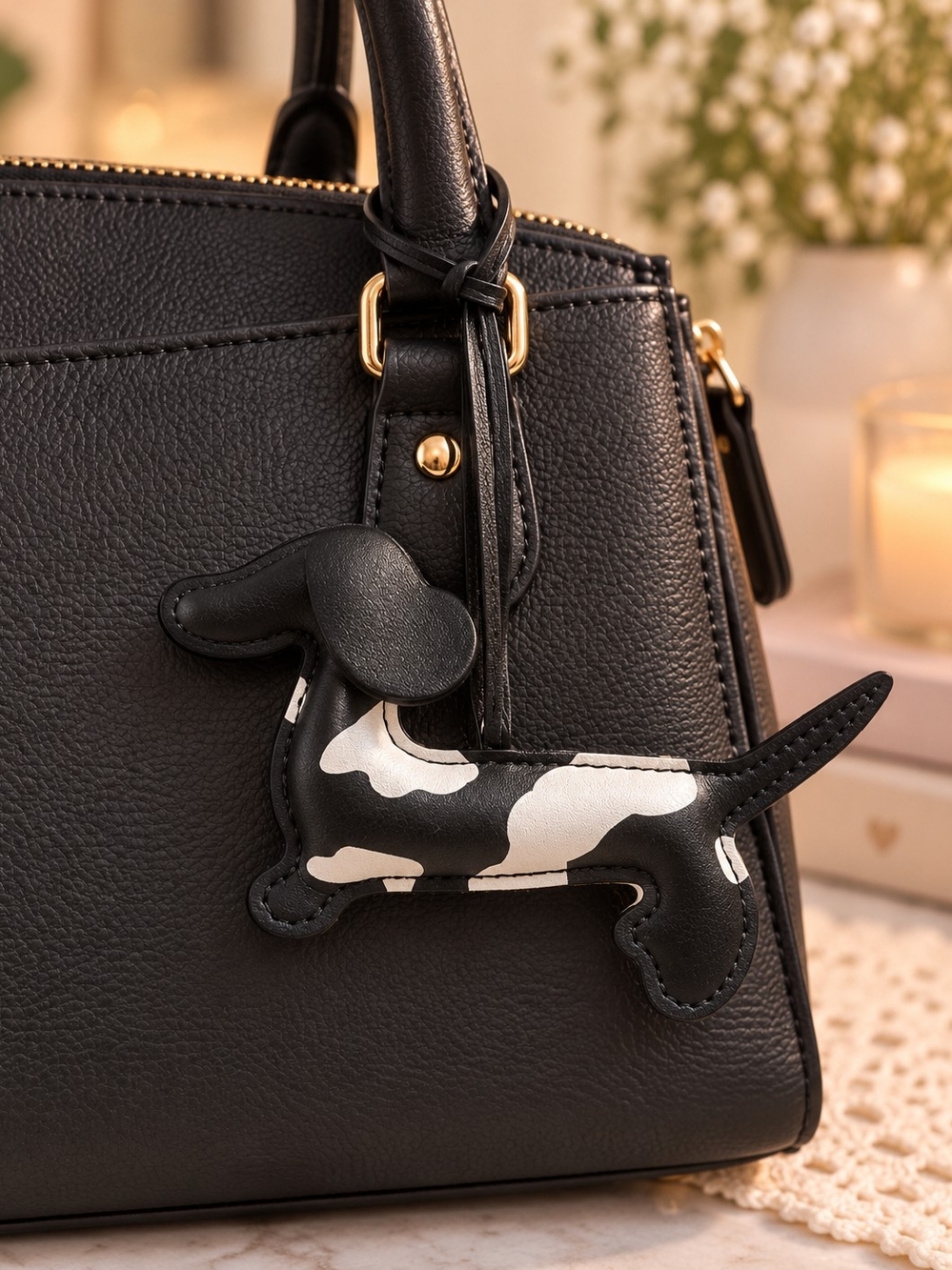Brand New Faux Leather Dachshund Dog Bag Purse Charm Black White